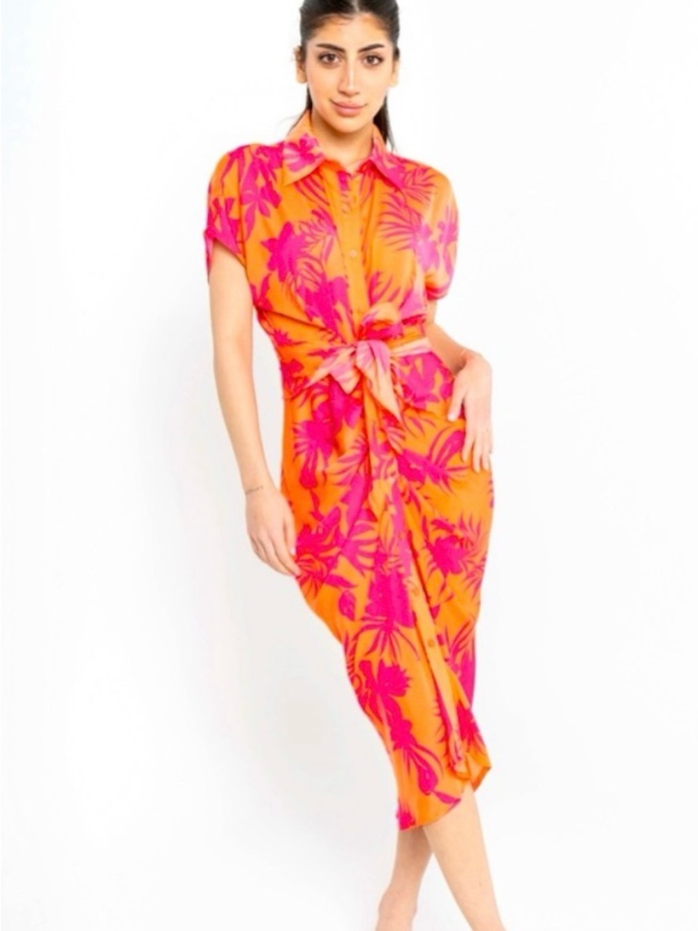 DO+BE Orange and Hot Pink Tropical Tie-Waist Shirt Dress